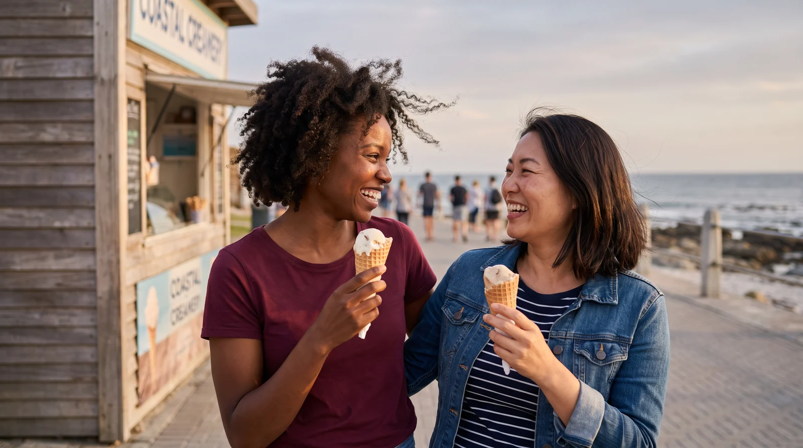 Two women flirting over ice cream on a seaside date