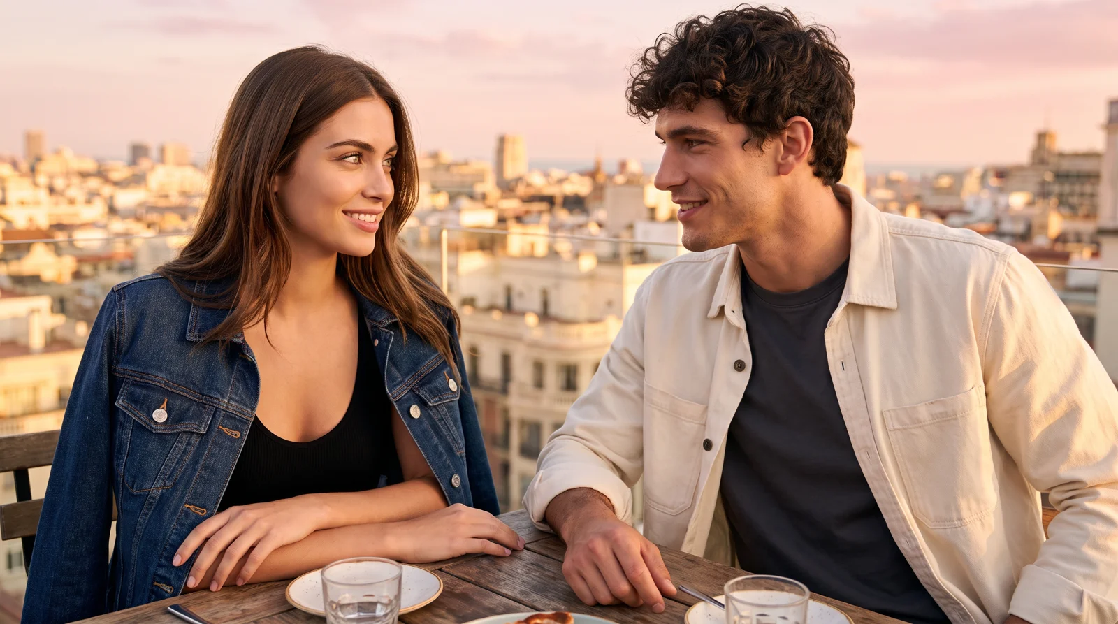 The same couple enjoying a terrace date in different casual outfits