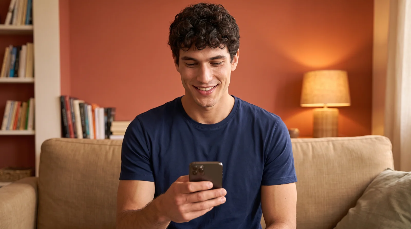 Her match smiling as he looks at a received Moment in his apartment