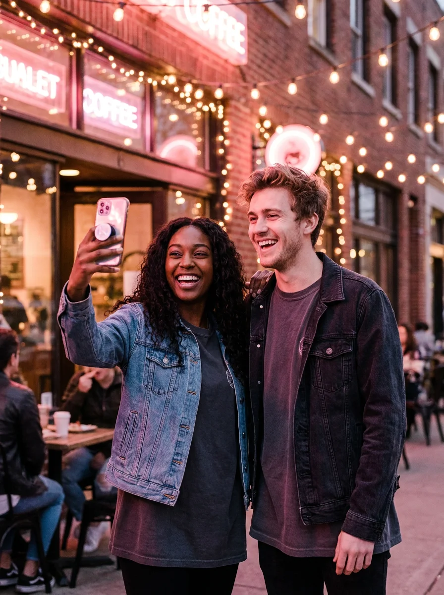 A young adult couple laughing and taking a playful selfie outside a coffee shop