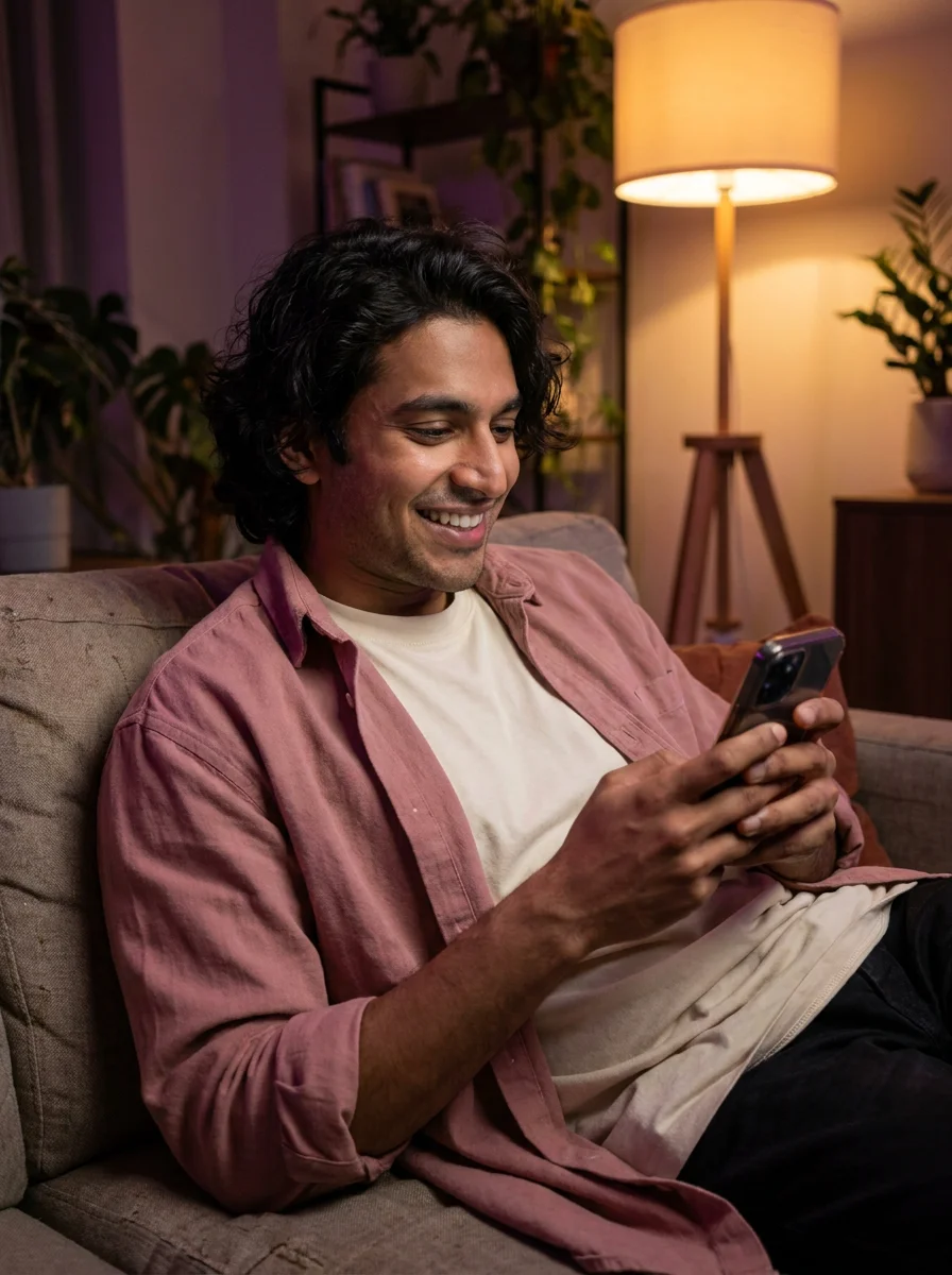 A man smiling at a received Moment on his phone in his apartment
