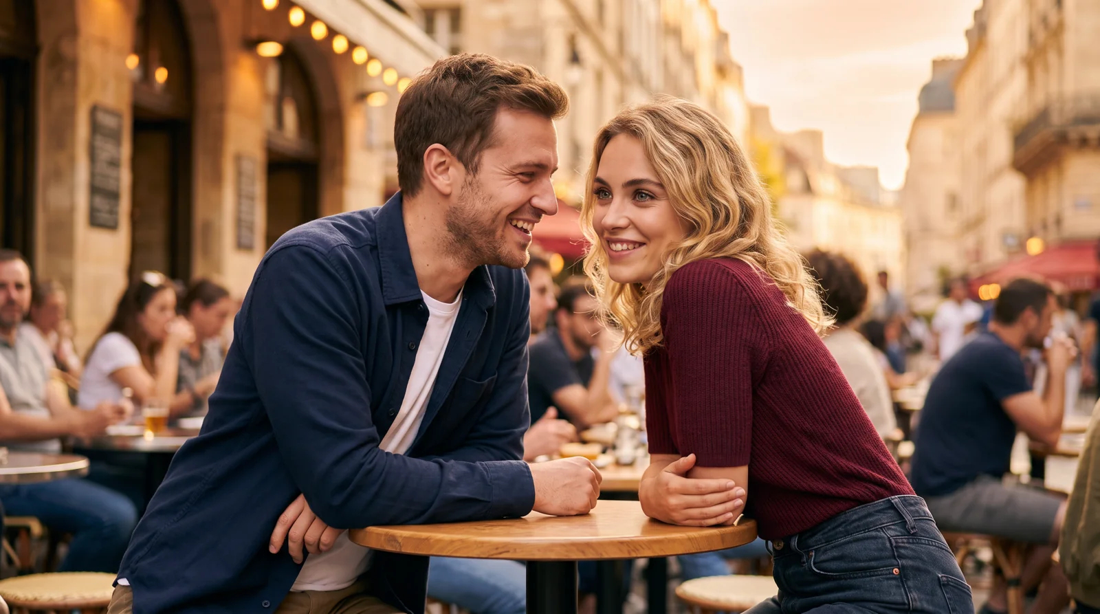 A blonde woman and her date sharing a smile at a golden-hour café