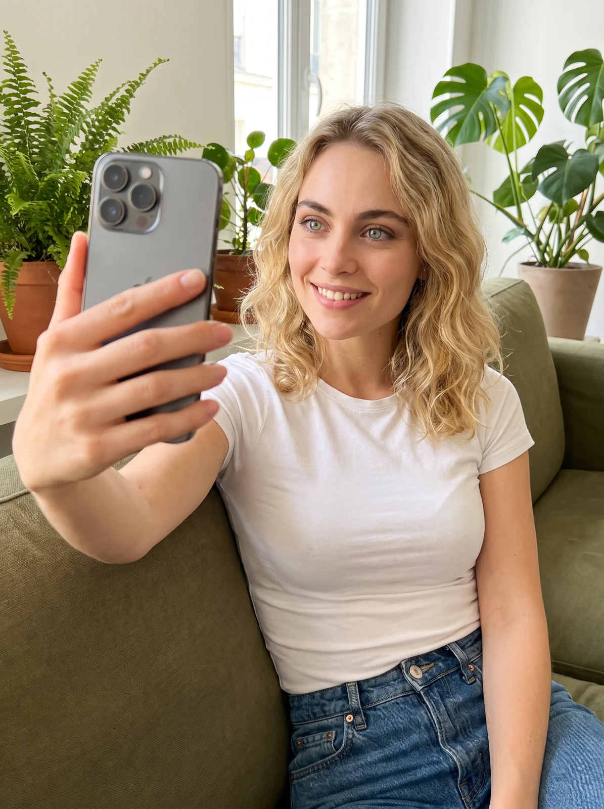 A blonde woman with striking blue-green eyes taking a spontaneous selfie